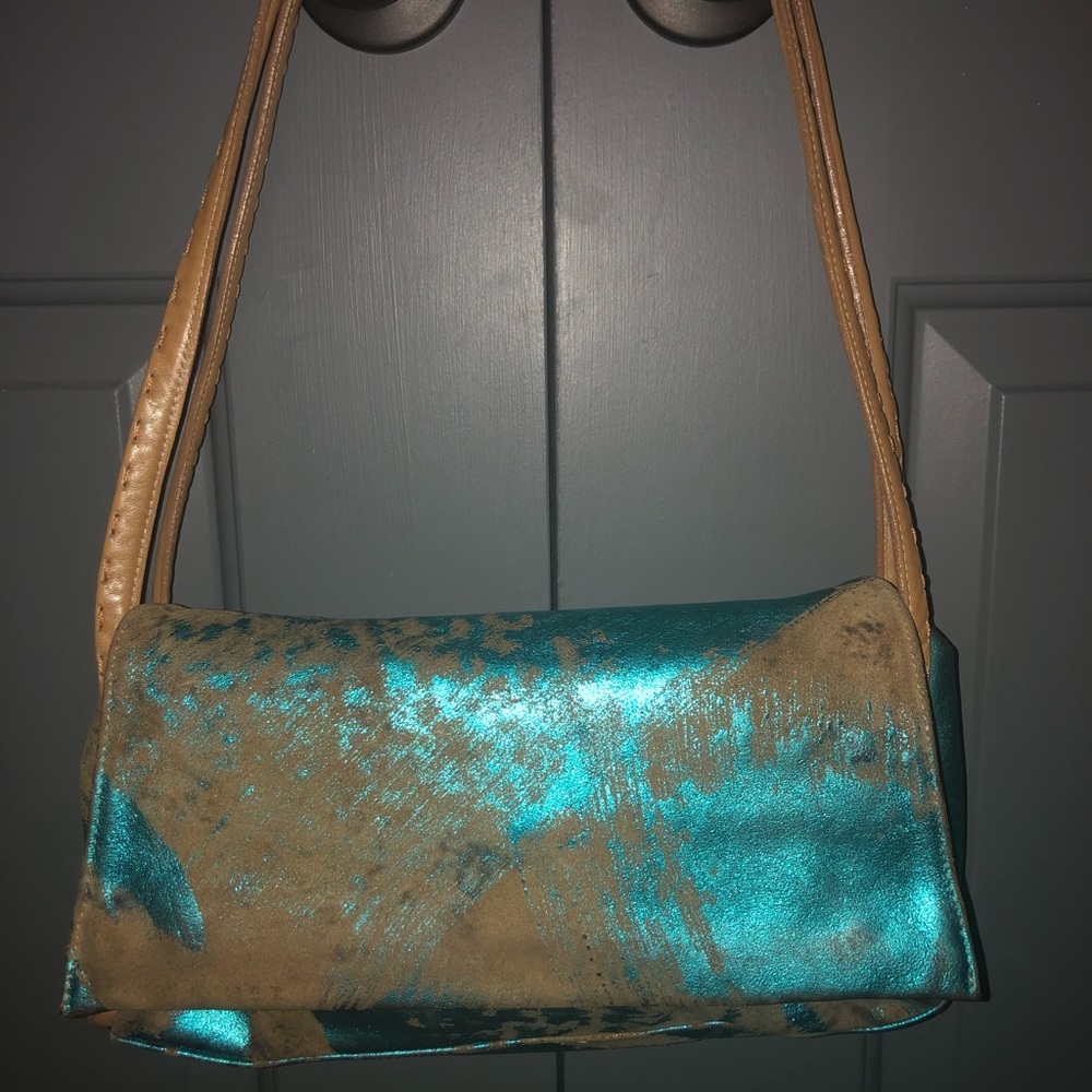 Metallic Turquoise and Tan Leather Bag